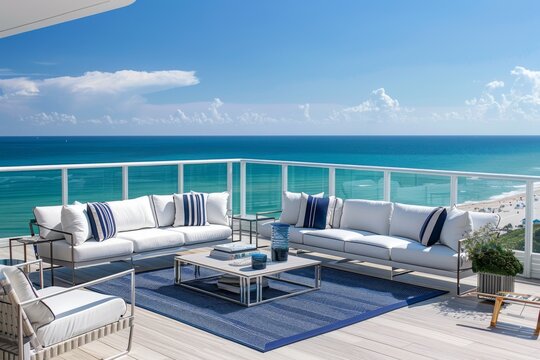 White Outdoor Furniture with Navy Blue Stripes on Miami Beach Rooftop, Ocean View, Relaxation Area