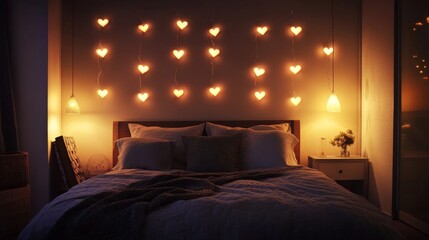 Cozy Bedroom with Heart-Shaped String Lights