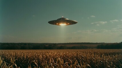 Vintage grainy film photo of UFO flying over a corn field