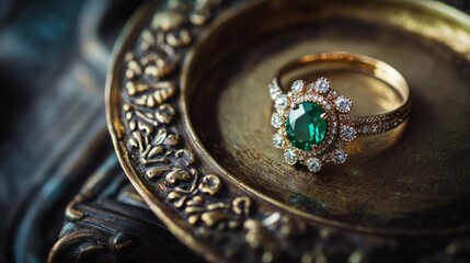 Emerald and Diamond Ring on Ornate Gold Dish