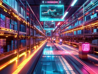 Fototapeta premium Digital automated warehouse with neon interfaces, representing AI-driven logistics, smart technology, and supply chain innovation.