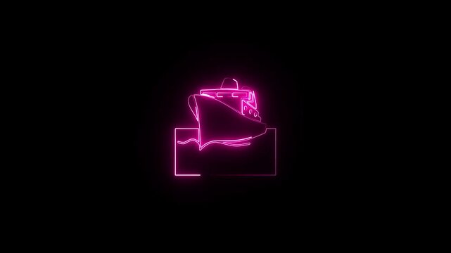 Neon Cargo ship icon isolated. dynamic smoke on black background. .