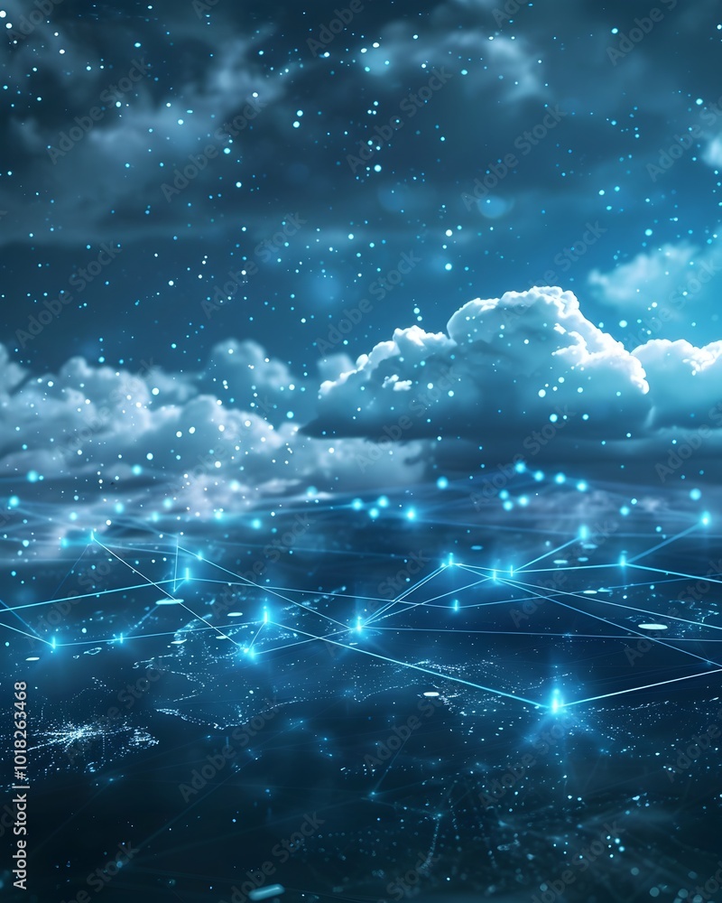 Poster interconnected clouds representing the global reach of cloud computing services