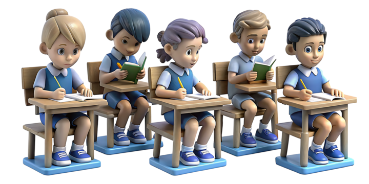 set of Children sitting on benches and studying in class and noting down the homework in their notebooks.AI GENERATED