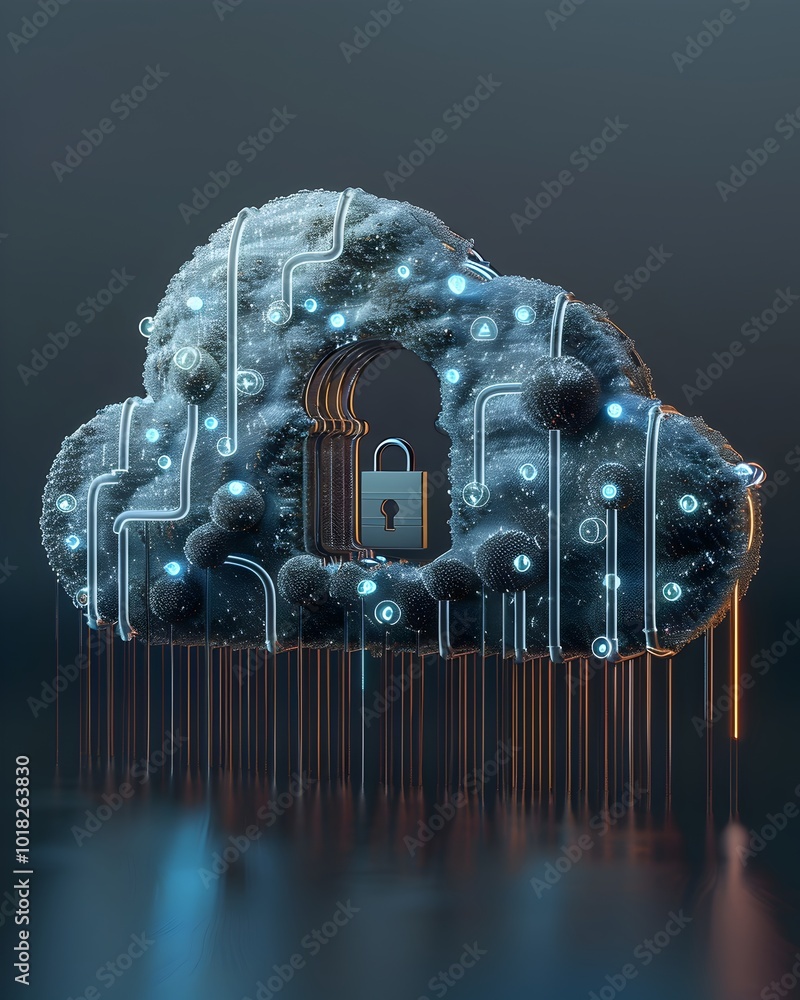 Poster secure cloud shaped digital vault with lock and encrypted data streams symbolizing cloud computing a