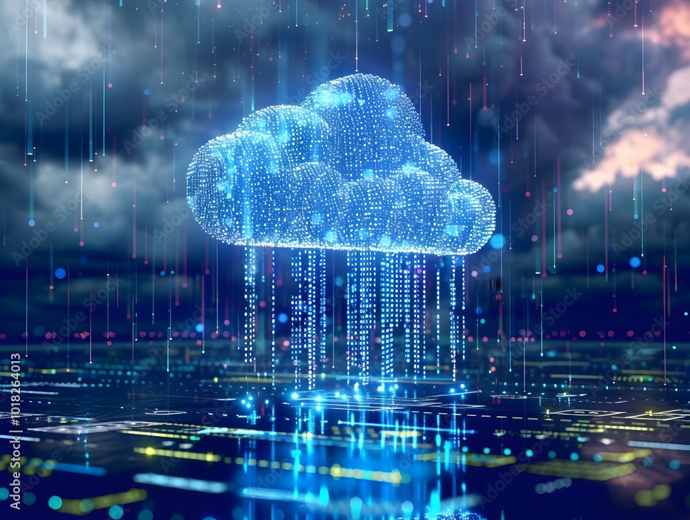 Poster digital cloud raining binary code onto field of servers cloud computing concept