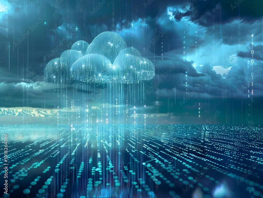 Poster cloud raining binary code over server field symbolizing data distribution across cloud networks