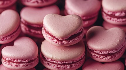Fototapeta premium Pink Heart-Shaped Macarons Stacked and Scattered