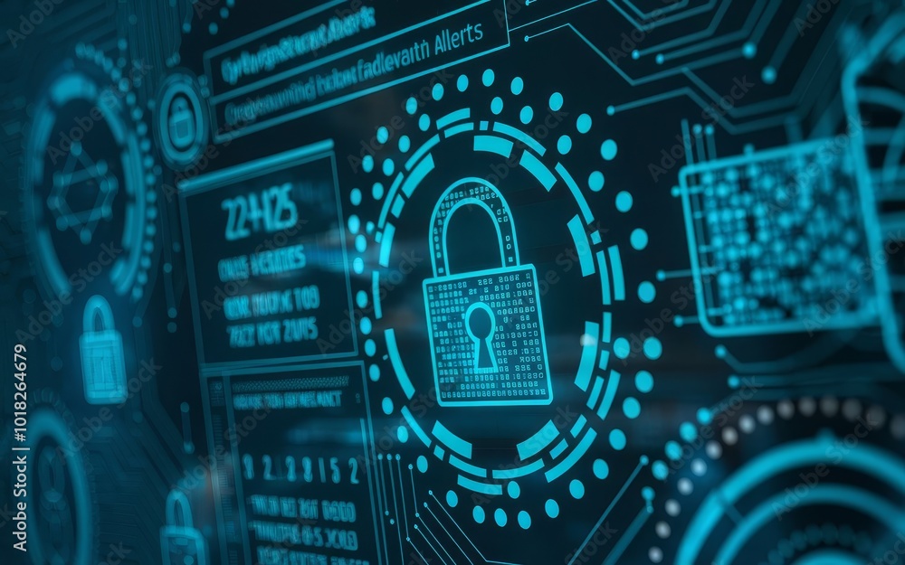 Aufkleber digital security concept with lock and circuit board design on a dark background.