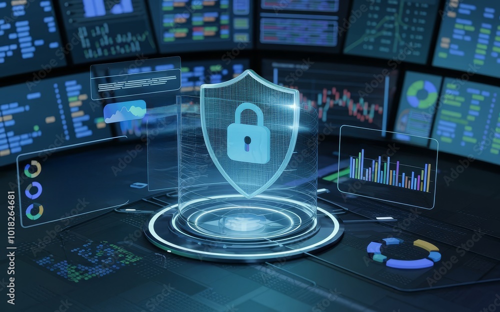 Aufkleber digital security concept with shield and lock on data dashboard, technology background.