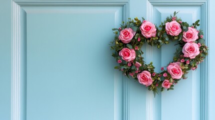 Fototapeta premium Pink Rose Wreath Adorning a Light Blue Door