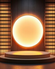 Fototapeta premium Circular Light Fixture and Podium with Japanese Latticework