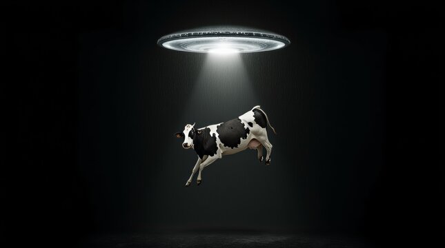 A Cow Being Lifted Into a Beam of Light From a Mysterious Spacecraft on a Dark Night