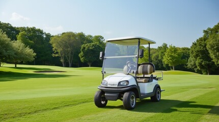 A Golf Cart Parked on a Sunny Day at a Well-Maintained Green Golf Course in the Countryside
