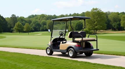 A Golf Cart Parked on a Winding Path Near a Lush Green Golf Course During a Sunny Day