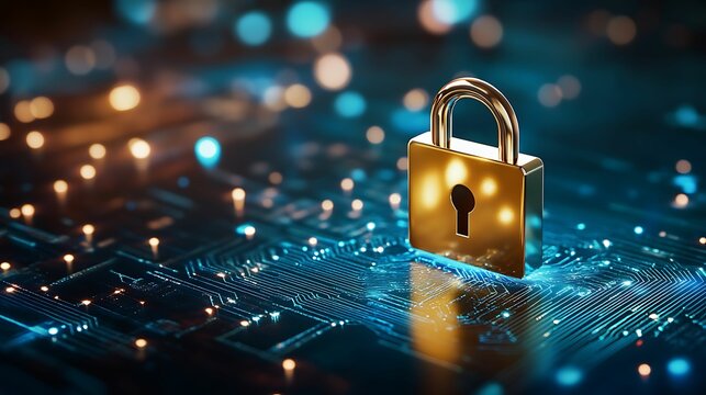 Golden padlock symbolizing data security and encryption, placed on a glowing circuit board, representing digital protection and cybersecurity.