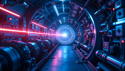 Obraz premium Particle accelerator with glowing particle beams in a futuristic laboratory, Vibrant blue and purple lighting creating a dynamic atmosphere