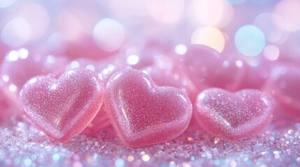 Obraz premium Two Pink Glitter Hearts on Sparkling Background