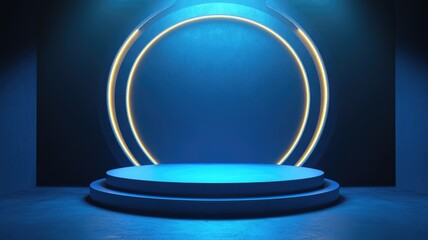Blue Platform with Circular Glowing Neon Lights