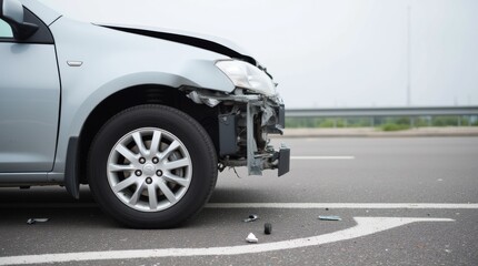 Damage to a Silver Car's Front After an Accident on a Highway During Overcast Weather