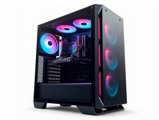 A Sleek Gaming PC With Vibrant LED Lights Showcased in a Modern Workspace Setup