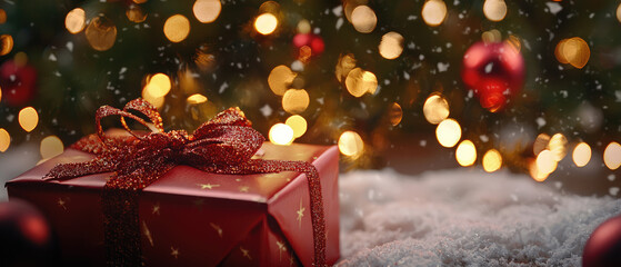 Red christmas present is lying under christmas tree with fairy lights and falling snow