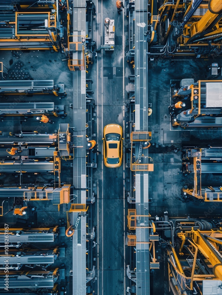 Poster Skilled workers are focused on installing and inspecting various car interiors within a bustling factory setting. Generative AI