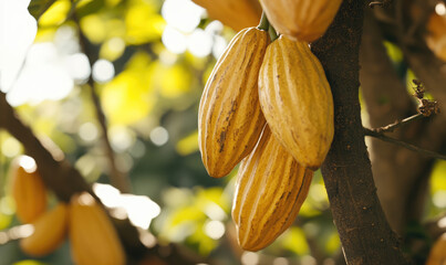 Yellow cocoa pods growing on tree in plantation