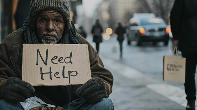 Homeless man with weathered face holding "Need Help" sign on busy city street, highlighting urban poverty and social inequality for documentaries and awareness campaigns on homelessness