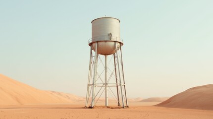 A Solitary Water Tower Stands in the Vast Desert Landscape Under a Clear Sky During Midday