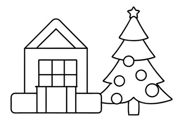 Jolly Christmas Tree Surrounded by Presents Vector Illustration for Creative Coloring
