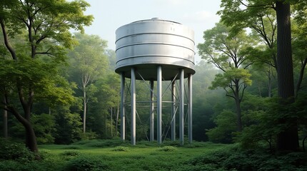 A Metal Water Tower Stands Tall Amidst Lush Green Trees in a Tranquil Forest During the Early Morning