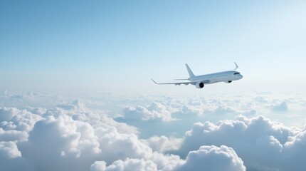 Fototapeta premium An Airplane Flying High Above Fluffy Clouds During Clear Weather in the Early Morning Sky