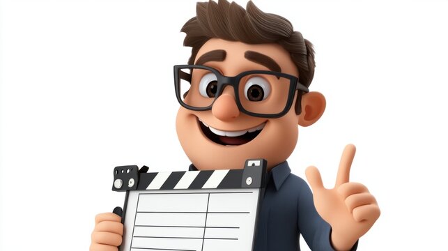Cartoon film director with a clapperboard and movie script, isolated on a white background