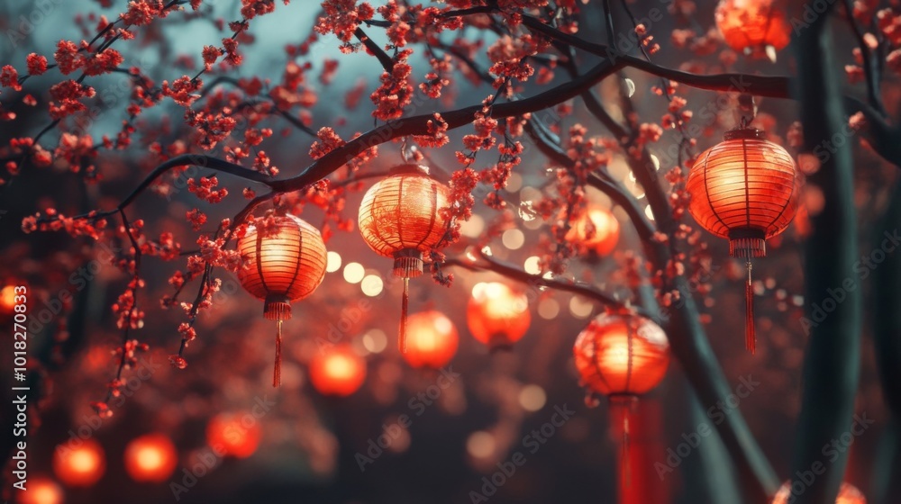 Poster red lanterns hanging on a branch with blurred background