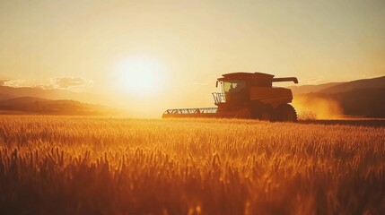 Fototapeta premium A backlit combine harvester working in a cereal field, its silhouette outlined by the warm glow of the sunset, evoking themes of agriculture and harvest.