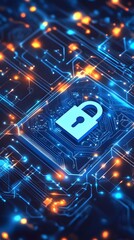 A digital lock symbol on top of an electronic circuit board, representing data security and cyber protection.