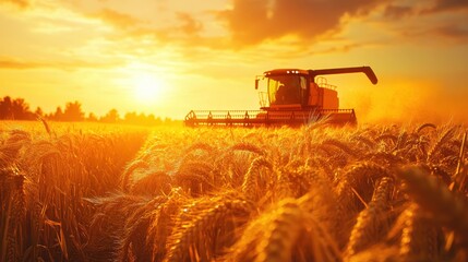 Fototapeta premium A backlit combine harvester working in a cereal field, its silhouette outlined by the warm glow of the sunset, evoking themes of agriculture and harvest.