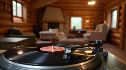 Obraz premium Vinyl Record Player on a Table in a Cozy Log Cabin Living Room With Warm Lighting