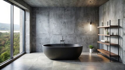 Modern bathroom with black tub and concrete wall aerial view