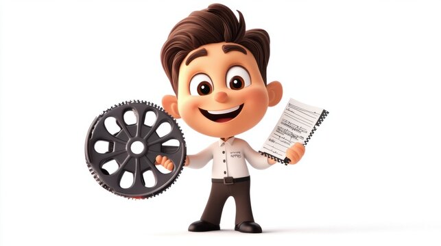 Cute cartoon director with a film reel in one hand and a script in the other, isolated on white background