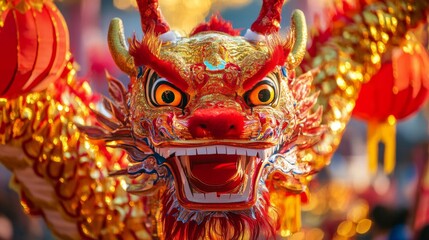 Obraz premium Close-up of a Golden and Red Chinese Dragon Costume