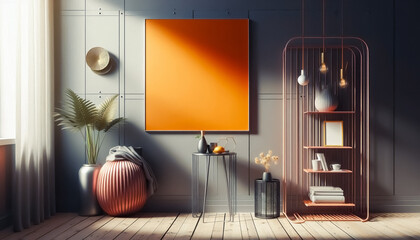 Modern room with accent colours and a blank poster