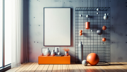 Modern room with accent colours and a blank poster