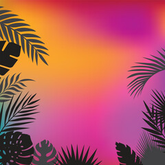 Tropical leaves on a gradient sunset background, black silhouettes of palm trees.