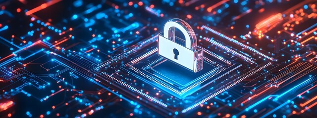 Fototapeta premium A digital lock symbol on top of an electronic circuit board, representing data security and cyber protection.