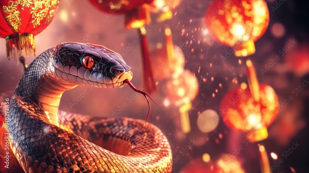 Poster a close-up of a snake with red eyes against a blurred background of red lanterns