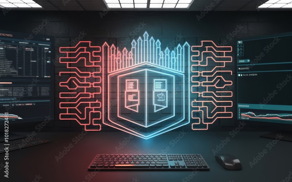 Poster Futuristic digital security interface with glowing shield design and circuit patterns