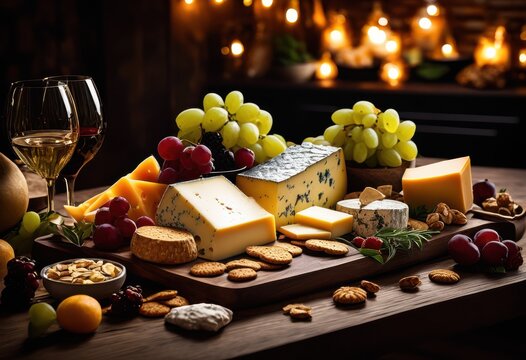 stunningly luxurious cheese board display illuminated elegant lighting creating inviting atmosphere culinary enthusiasts, appetizer, arrangement, bright