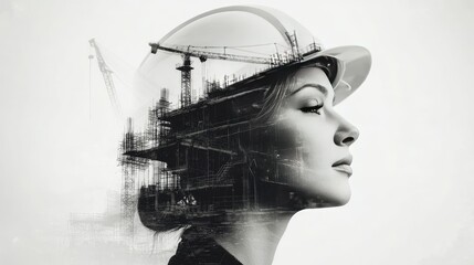 Double exposure of a woman in a hard hat and construction site with cranes, symbolizing engineering.